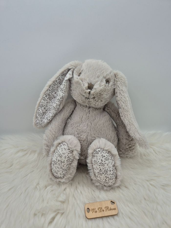Doudou peluche lapin Gris Bouchara fleurs