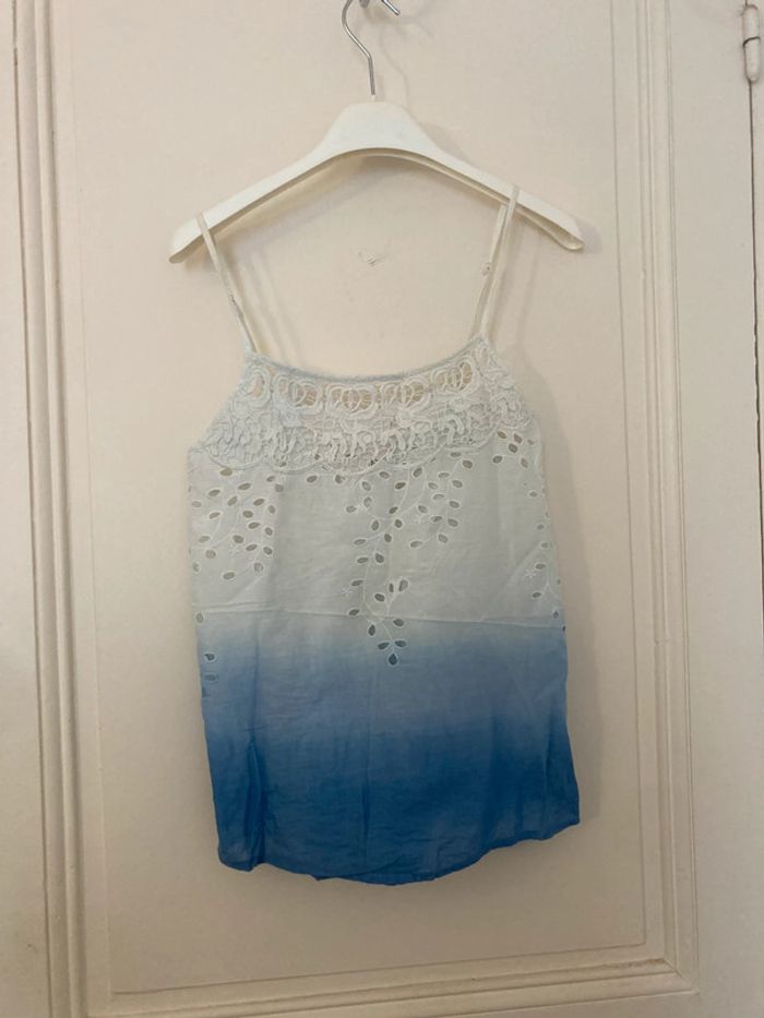 Top blanc broderie anglaise et dégradé bleu – Bershka