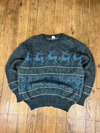 Pull maille vintage laine motifs rayures multicolore Noël M