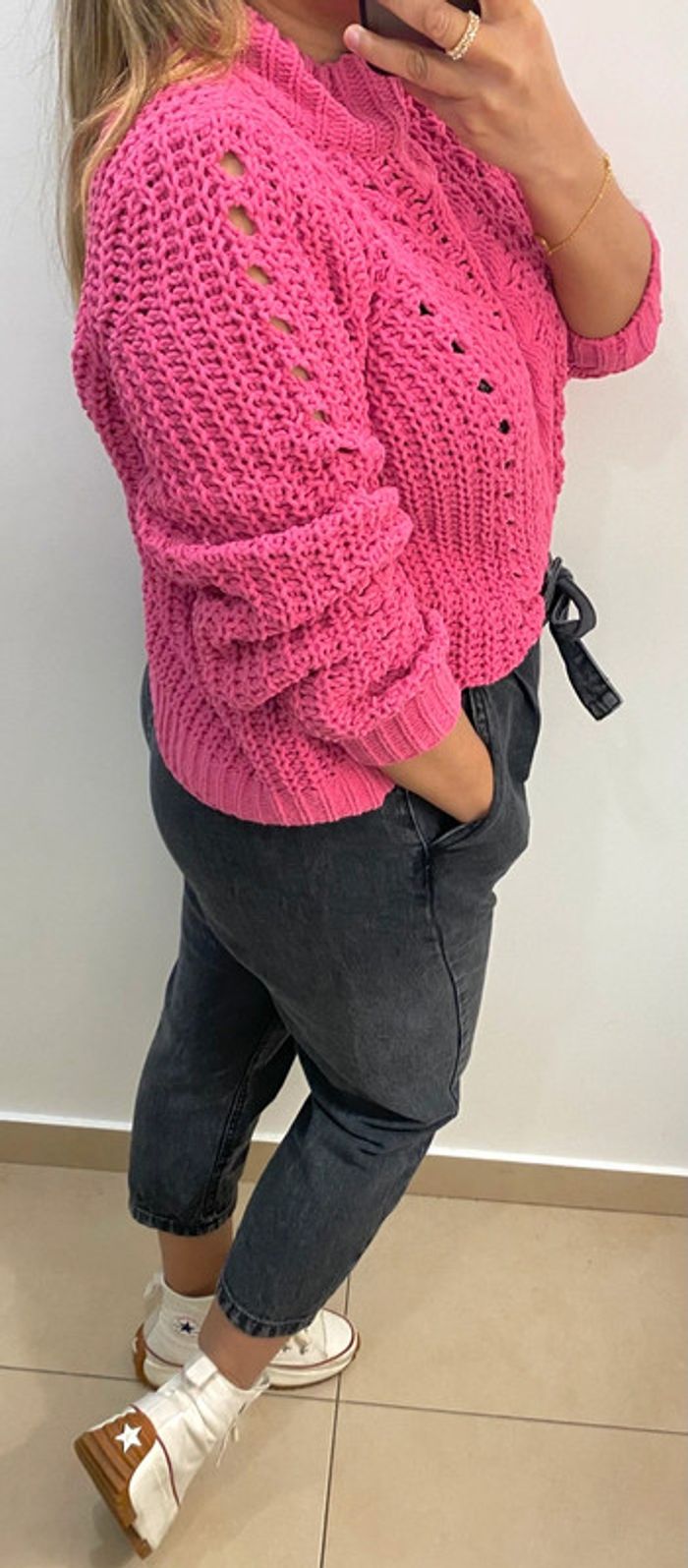 Superbe Pull Ample Rose Maille Chenille Ajourée Taille S Et Plus - photo numéro 6