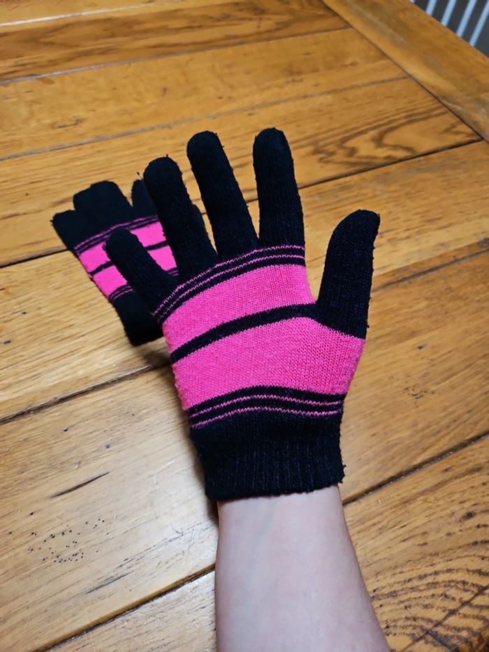 Gants femme/fille rose et noir - photo numéro 2