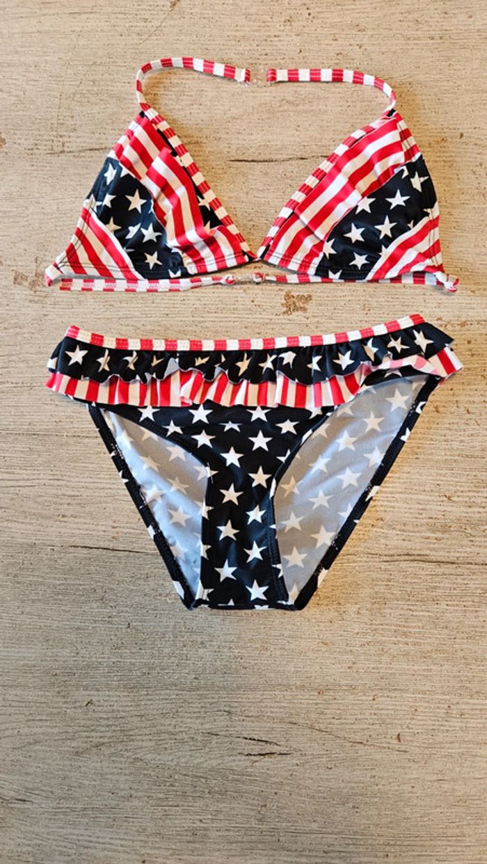 Bikini fille bleu, blanc et rouge avec étoiles, taille 10/12 ans