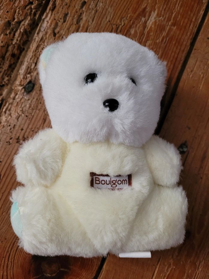 RARE Petit ours 15cm jaune vert blanc Boulgom ourson Made in France hochet grelot peluche