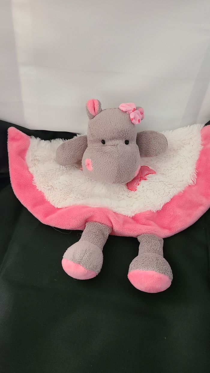 Baby'Nat - Zoé l'hippo Doudou plat blanc rose fleur