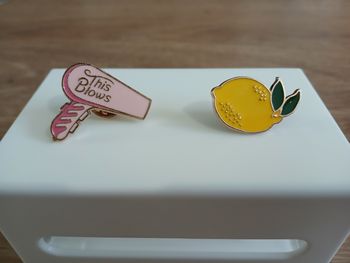 🍋💨 Lot 6 – pins Citron & sèche-cheveux rose