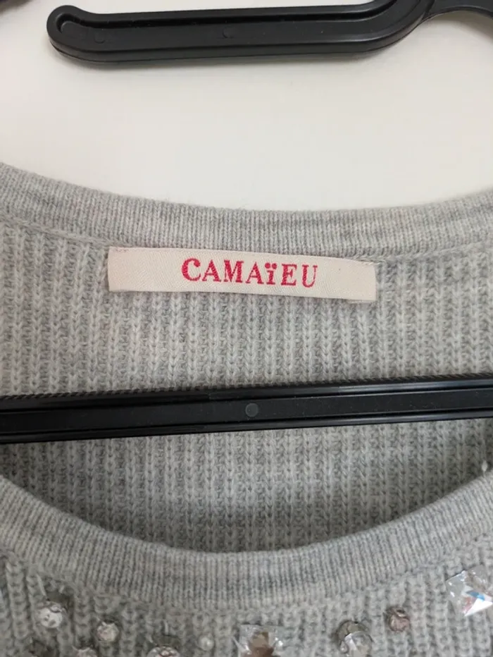 Pull gris perlé à bord festonné – Camaïeu – Taille S - photo numéro 5
