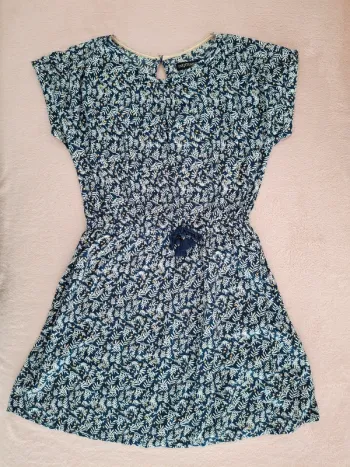Robe manches courtes 8 ans tissu fluide bleu marine motif feuillage blanc