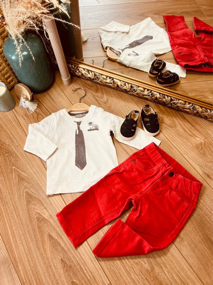 Taille 6 mois ensemble 2 pièces garçon grain de blé blanc et rouge * cravate * 💙
