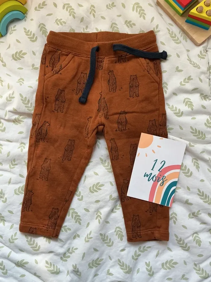 pantalon marron motifs ours 12 mois bout'chou lien de serrage - photo numéro 2