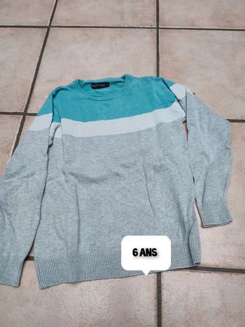 Pull bleu turquoise blanc et gris rayé