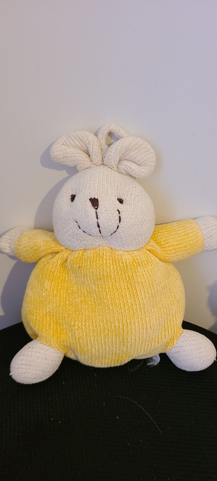 Doudou lapin boule jaune noeud vichy marron