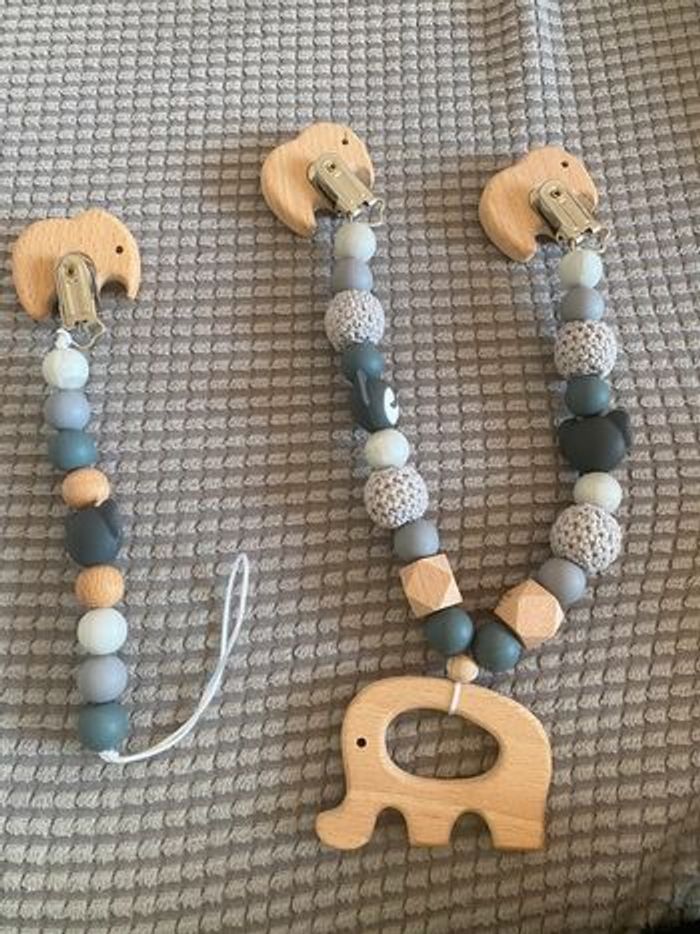 Ensemble hochet , attache sucette et Chaîne de poussette en bois pour bébé - photo numéro 4