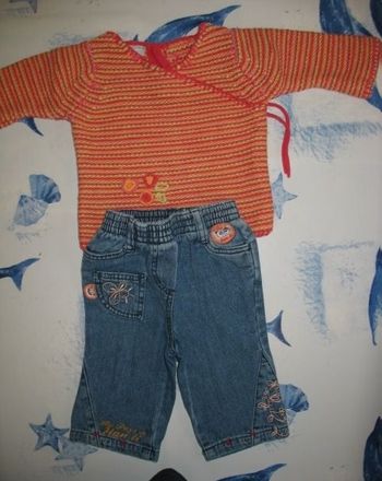 ENSEMBLE 2 PCS BÉBÉ FILLE : JEAN "TISSAIA" + PULL RAYÉ "LA HALLE" - 6 MOIS - n°03