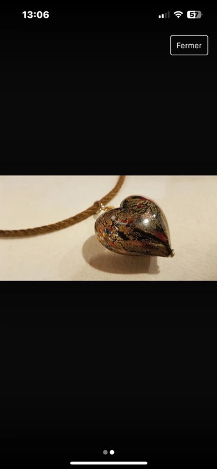 Collier cordon avec cœur en verre Morano vintage - photo numéro 2