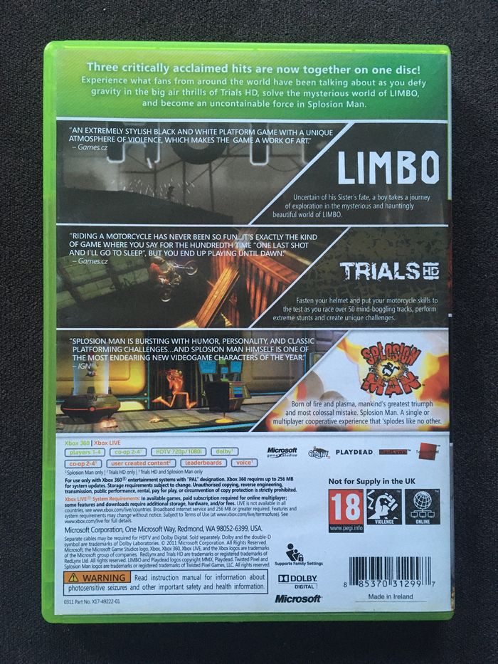 Triple Pack Trials HD + Limbo + Splosion Man sur Xbox 360 - photo numéro 2