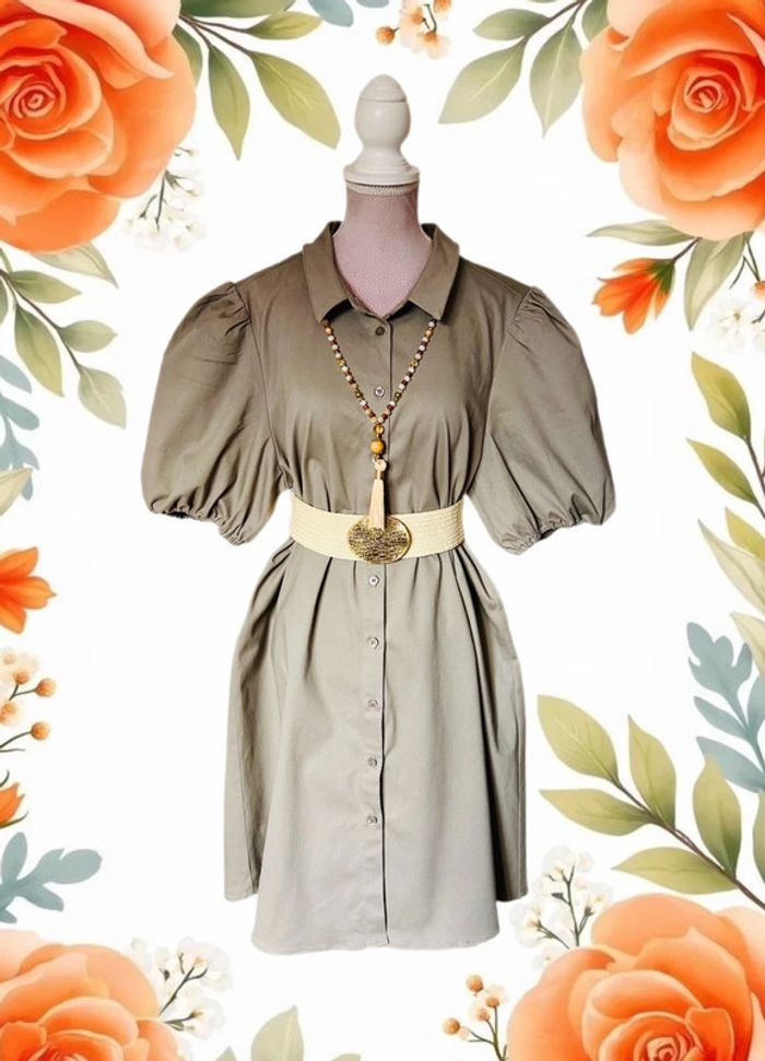 🧡🌿Robe chemise manches bouffantes taille 42 gris taupe chic & décontracté Puff Sleeves short dress🌿🧡