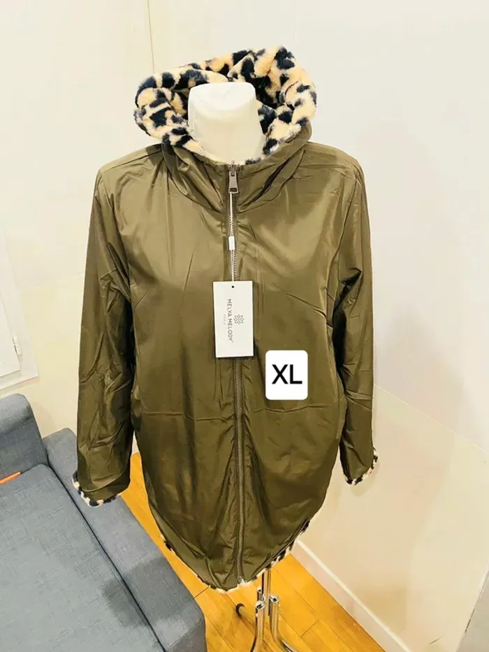 Manteau parka femme imperméable réversible fourré kaki/léopard taille XL - photo numéro 3