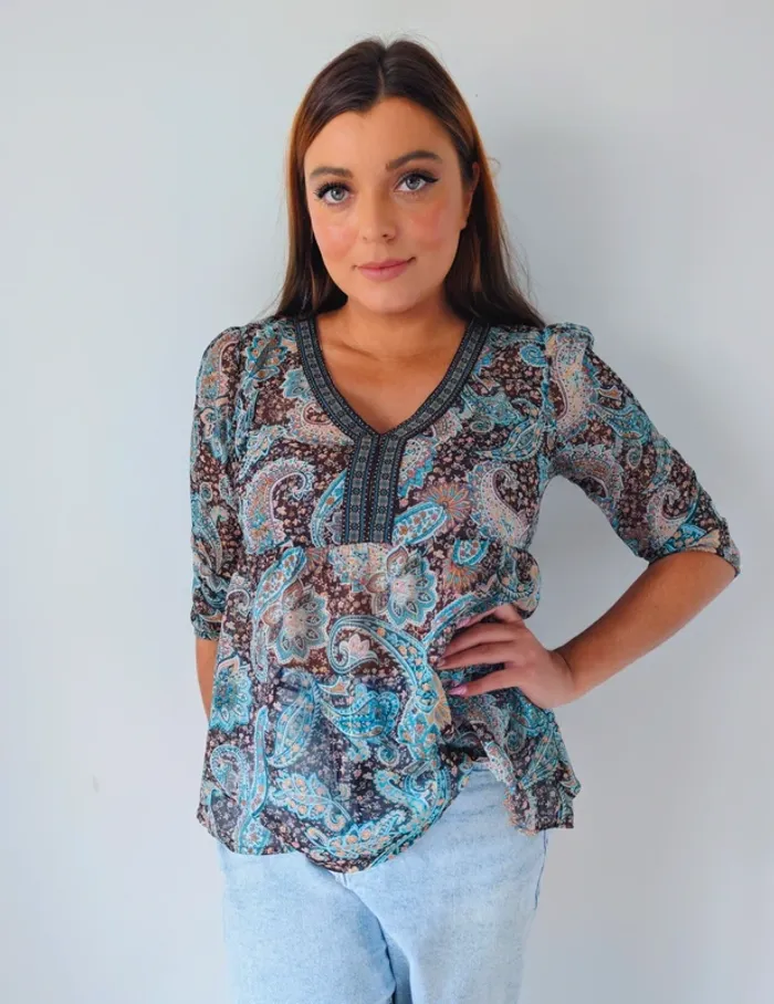Blouse légère transparente bohème hippie imprimé cachemire bleu Cache-cache Taille 38