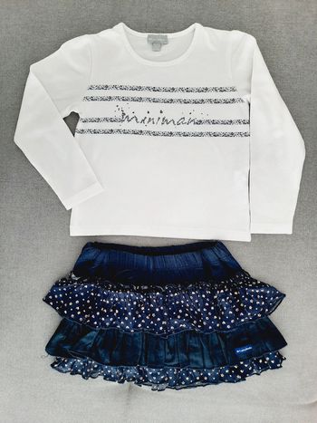 Ensemble Miniman 4 ans t-shirt manches longues blanc et jupe à volants bleu marine
