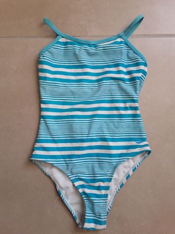 Maillot de bain 1 pièce rayé blanc et turquoise 8 ans GO SPORT TBE