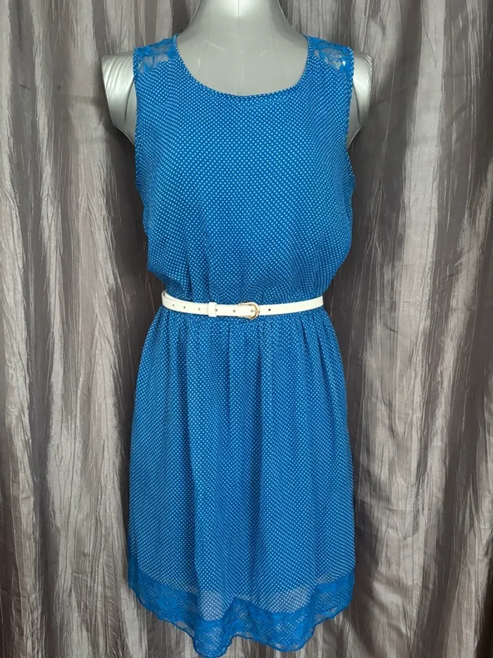 Belle robe mousseline bleue à pois dos dentelle XXXL/46 - photo numéro 7
