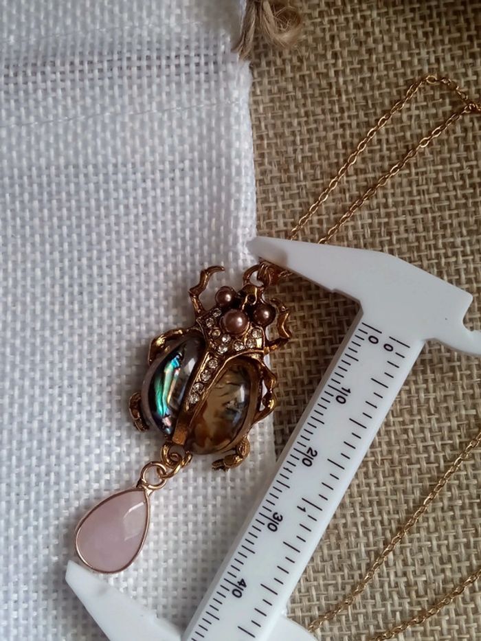 Collier scarabée ormeaux et pierre de quartz rose - photo numéro 5
