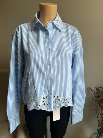 Chemise bleue et blanche à rayures et broderie sur col