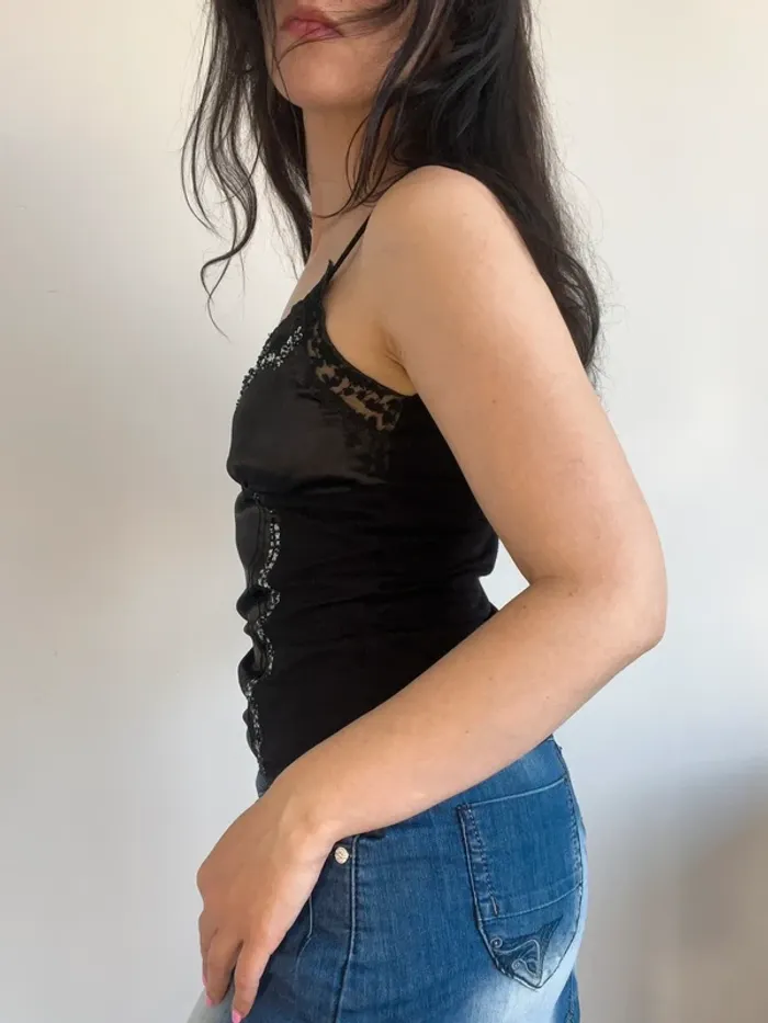 Débardeur noir satin à dentelle taille S - photo numéro 6