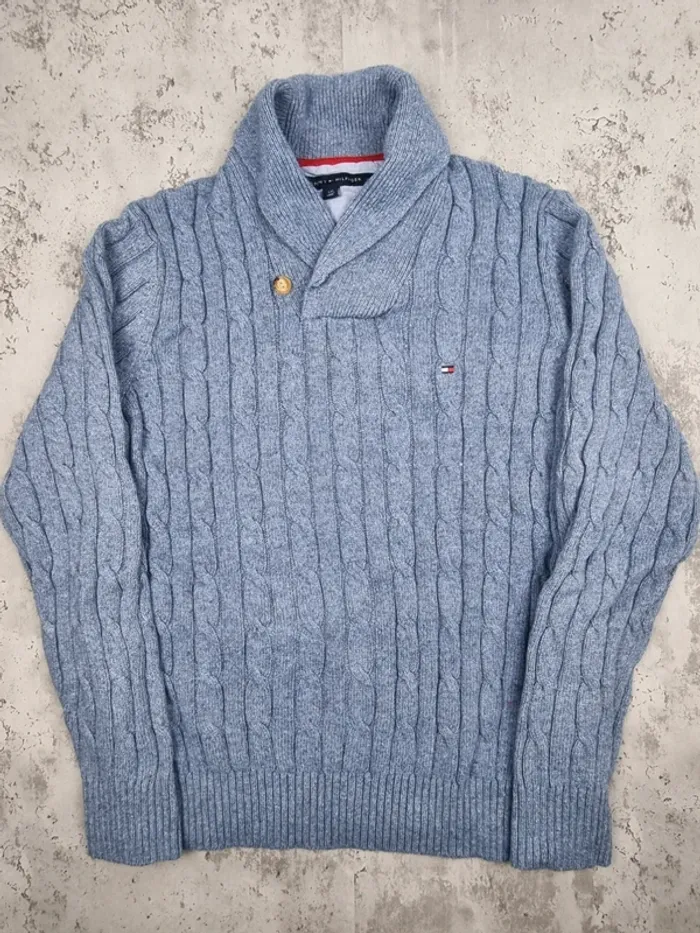 Pull torsadé col châle Tommy Hilfiger bleu clair, L Hommes (mesures en photos) - photo numéro 3