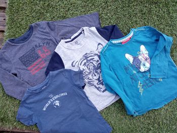 Lot mi saison, été ,garçon, pull manche longues, tee shirt 3 et 4 ans, bleu, gris, motif, réversible, tao, mi saison été, manche courte, motif