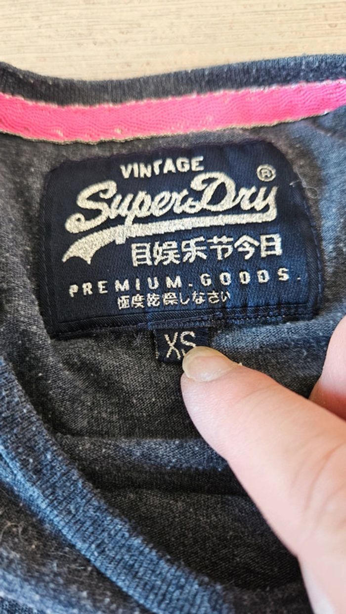 T shirt bleu gris chiné inscription fushia, Superdry Vintage, XS - photo numéro 8