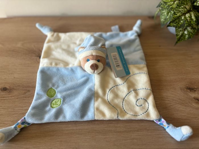 Doudou plat ours bleu blanc feuille verte gipsy neuf - photo numéro 2