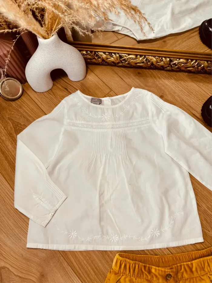 Taille 6 ans tenue 2 pièces fille Cyrillus blanc moutarde * broderie et velours * 🌹 - photo numéro 2