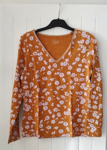 T-shirt manches longues femme M – motif fleuri, col doré