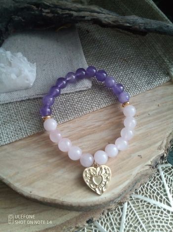 Bracelet quartz rose et améthyste et coeur en acier inoxydable
