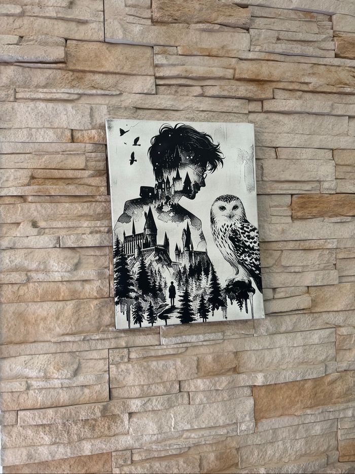 Tableau Harry Potter silhouette Edwige et Poudlard en toile 30x40cm - photo numéro 2