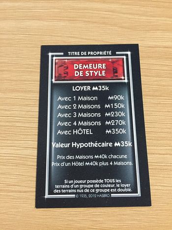 Carte titre de propriété Demeure de style pièce détachée jeu de société Monopoly Millionnaire #A45