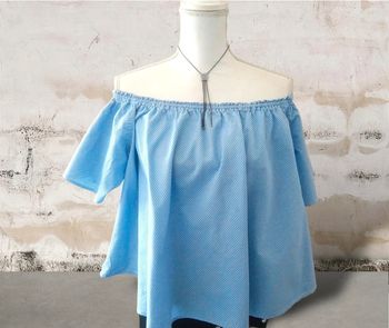 Blouse ample manches courtes col bardot motifs rayures bleu ciel