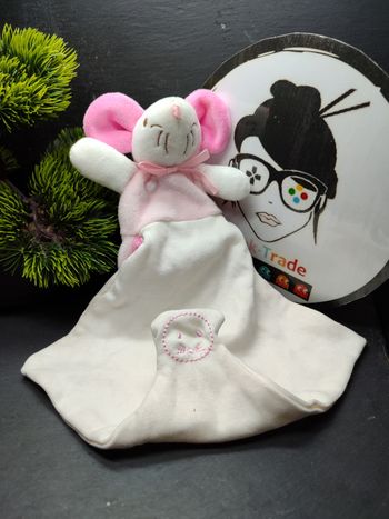 Doudou mouchoir souris Sucre d'orge rose blanc cajou noeud range peluche 3898