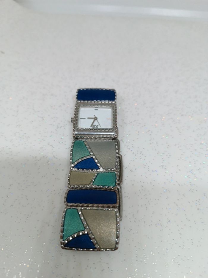 Montre art déco vintage argenté élastique émaillé émaille vert bleu émeraude dpr ldadpr watch quartz - photo numéro 5