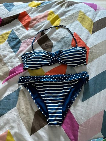 Maillot de bain 2 pièces rayé bleu et blanc motif pois