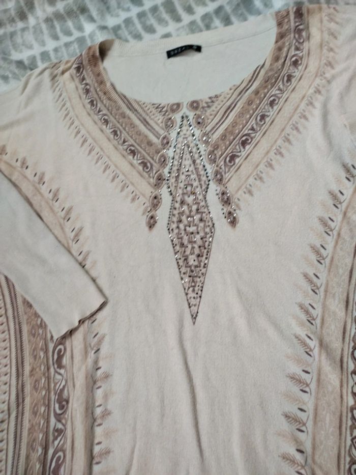 Pull manches 3/4 beige motif marron strass bréal taille 46 - photo numéro 3