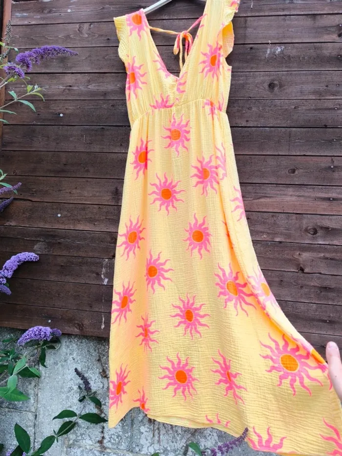 Robe longue été jaune et rose gaz de coton avec soleil TU 36 à 42 - photo numéro 7