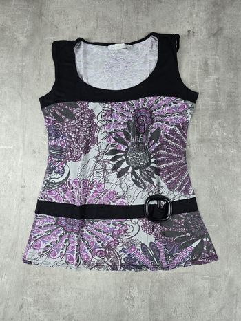Débardeur Tunique Cache Cache Imprimé Violet Noir Ceinturé