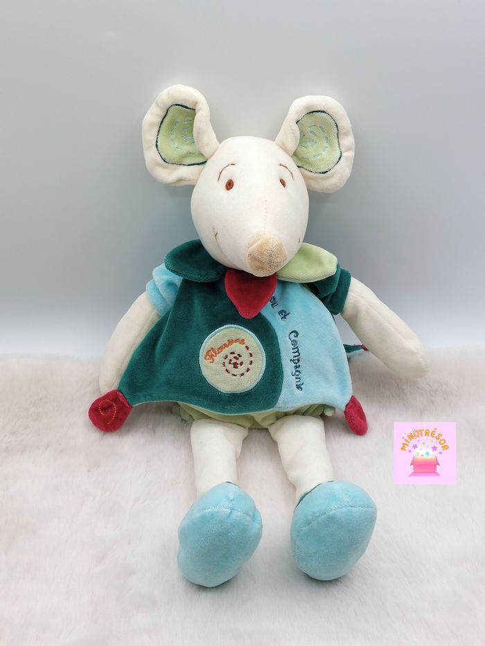 Ancien Doudou et Compagnie Peluche souris grand modèle Filousine écru vert bleu