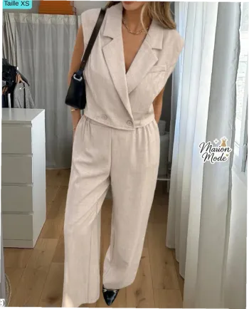 Ensemble XS Beige Coordonné Blazer sans Manches - Pantalon Large Neuf Jamais Porté