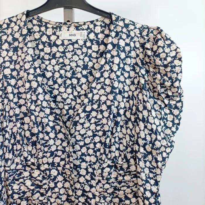 Robe longue bleue écru fleurie Mango Taille XS Manches longues A818 - photo numéro 8