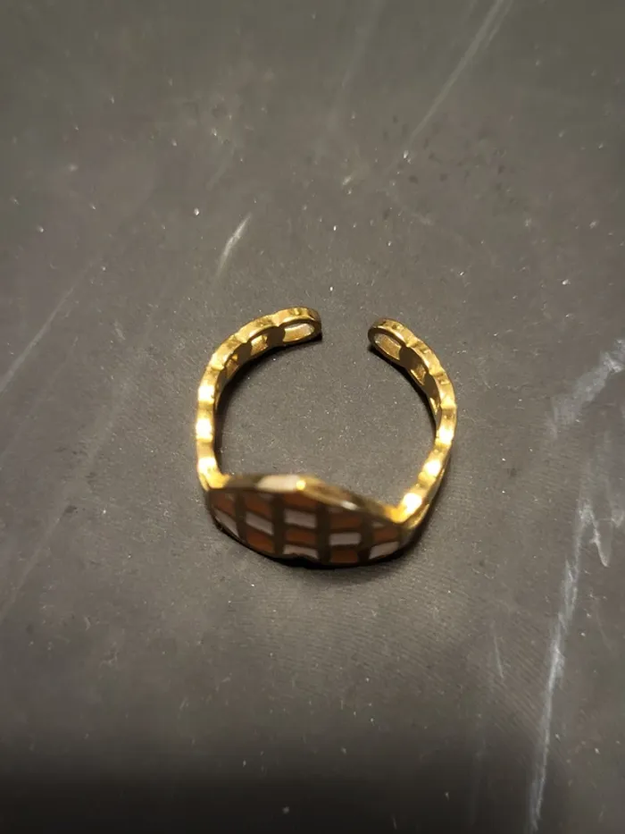 Bague acier inoxydable ajustable cœur damier orange et blanc - photo numéro 3