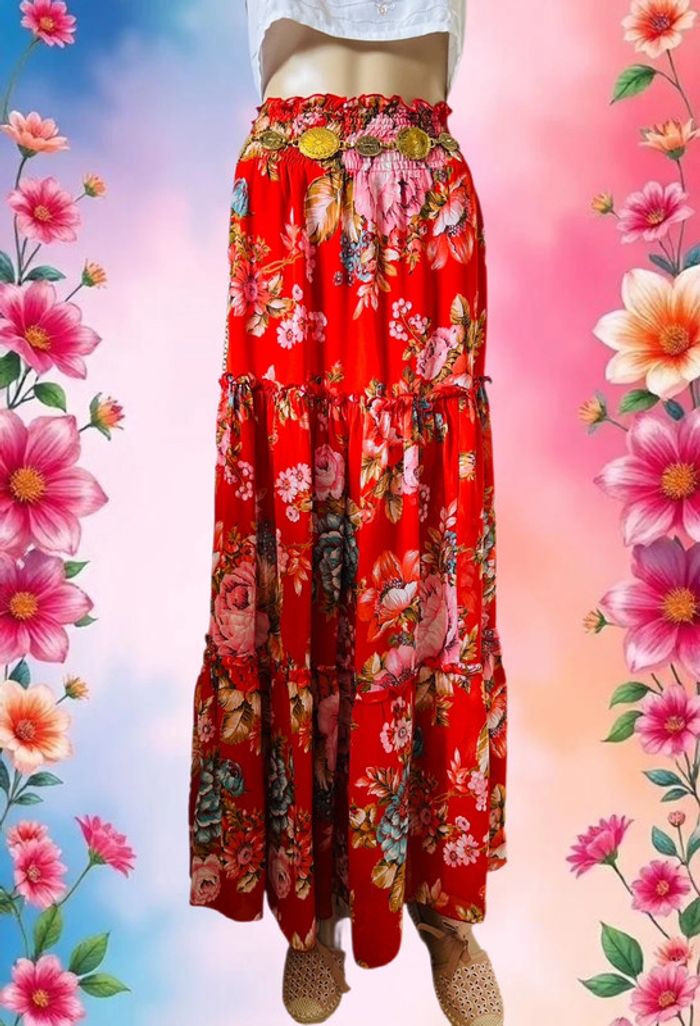 🌺 Longue jupe bohème fleurie hippie ROXY vintage 90s 00s gypsy long floral skirt🌺 - photo numéro 4