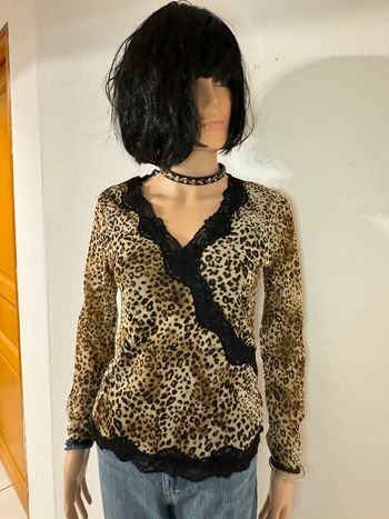 Haut Vintage Phildar Léopard avec Dentelle Noire - Années 90s